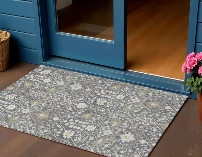 Charcoal Ivory And Green Oriental Washable Indoor Outdoor Area Rug Photo 1