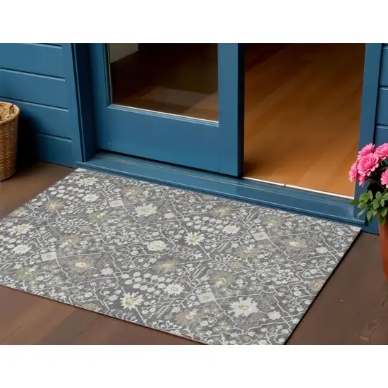 Charcoal Ivory And Green Oriental Washable Indoor Outdoor Area Rug Photo 1