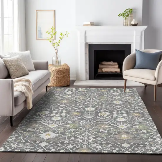 Charcoal Ivory And Green Oriental Washable Indoor Outdoor Area Rug Photo 9