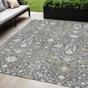 Photo of Charcoal Ivory And Green Oriental Washable Indoor Outdoor Area Rug