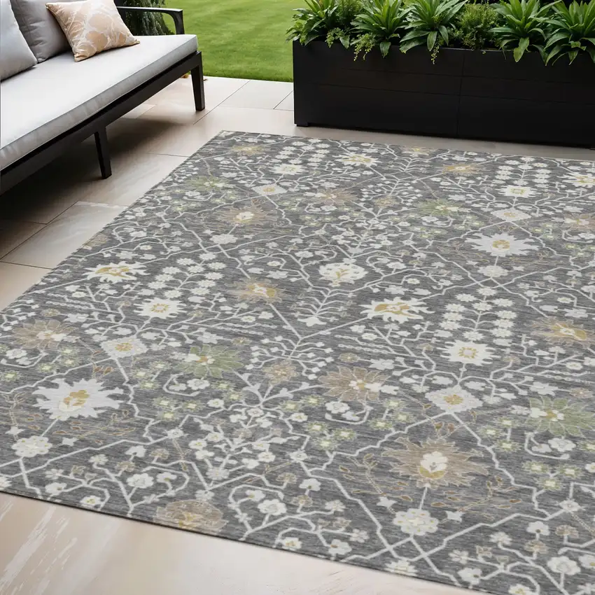 Charcoal Ivory And Green Oriental Washable Indoor Outdoor Area Rug Photo 1