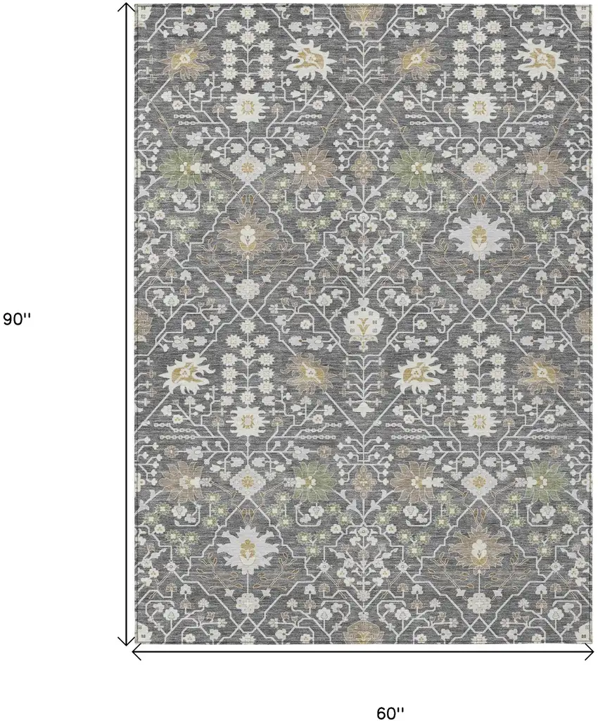 Charcoal Ivory And Green Oriental Washable Indoor Outdoor Area Rug Photo 3