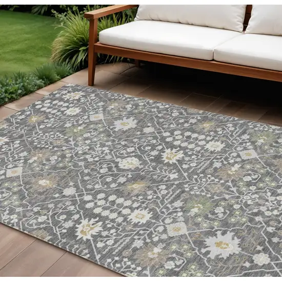 Charcoal Ivory And Green Oriental Washable Indoor Outdoor Area Rug Photo 1