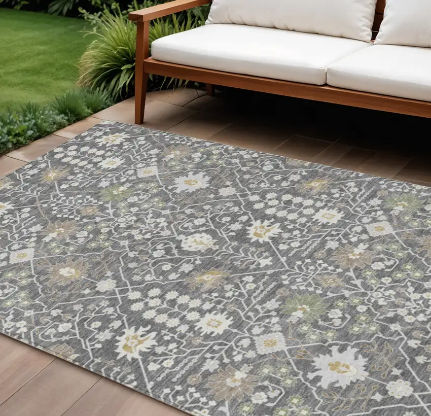 Charcoal Ivory And Green Oriental Washable Indoor Outdoor Area Rug Photo 1