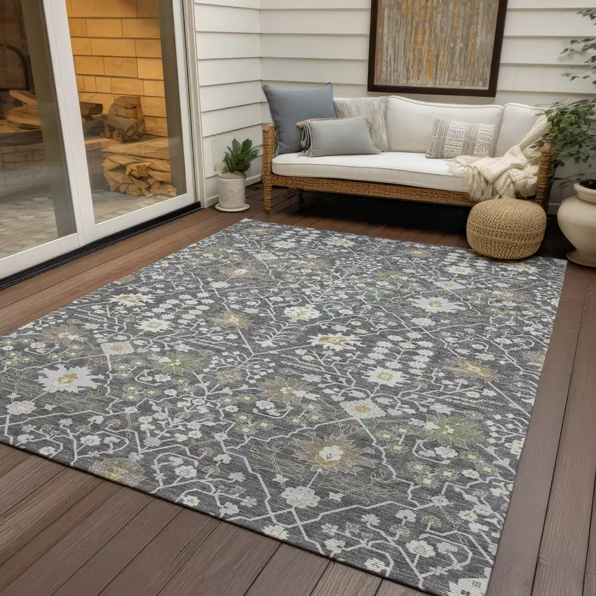 Charcoal Ivory And Green Oriental Washable Indoor Outdoor Area Rug Photo 8