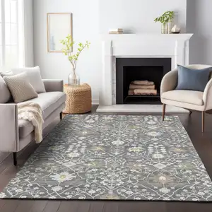 Photo of Charcoal Ivory And Green Oriental Washable Indoor Outdoor Area Rug
