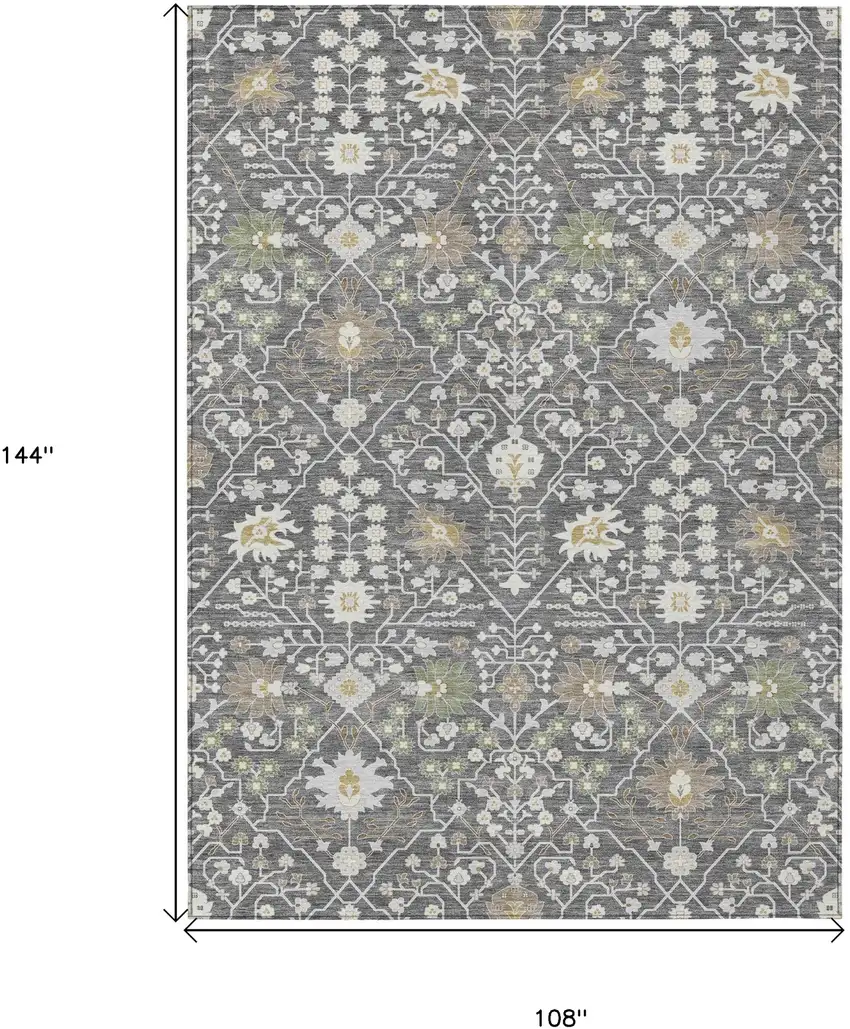 Charcoal Ivory And Green Oriental Washable Indoor Outdoor Area Rug Photo 3
