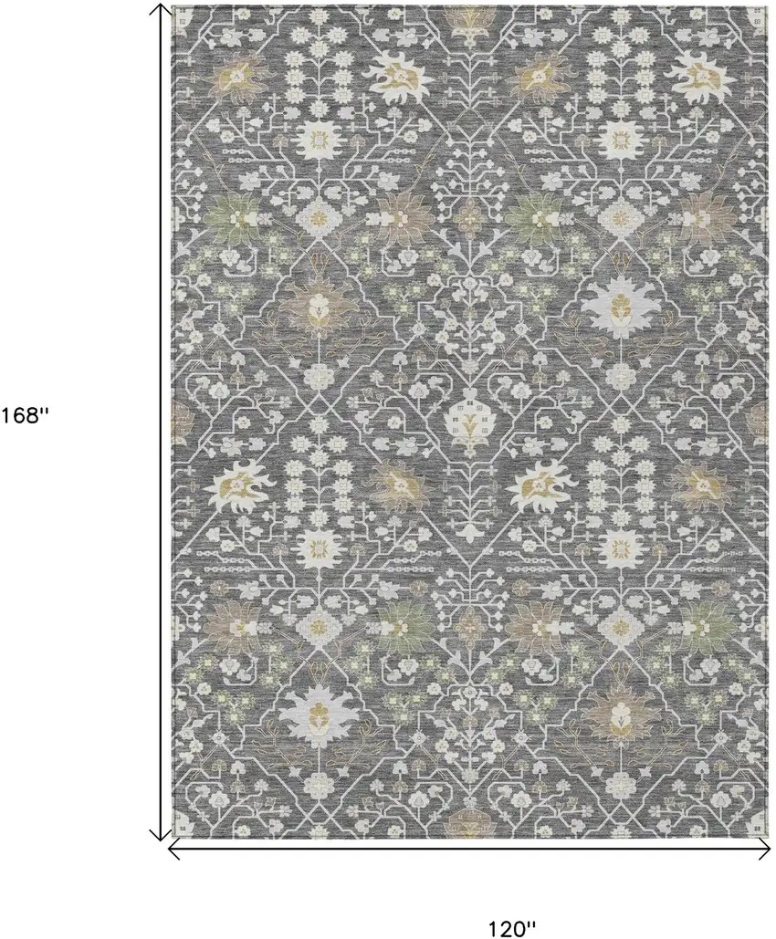 Charcoal Ivory And Green Oriental Washable Indoor Outdoor Area Rug Photo 3