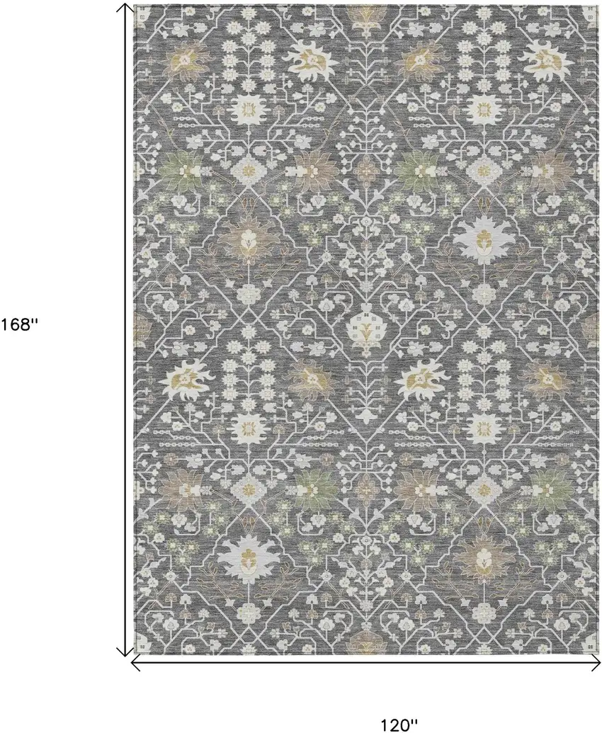 Charcoal Ivory And Green Oriental Washable Indoor Outdoor Area Rug Photo 7