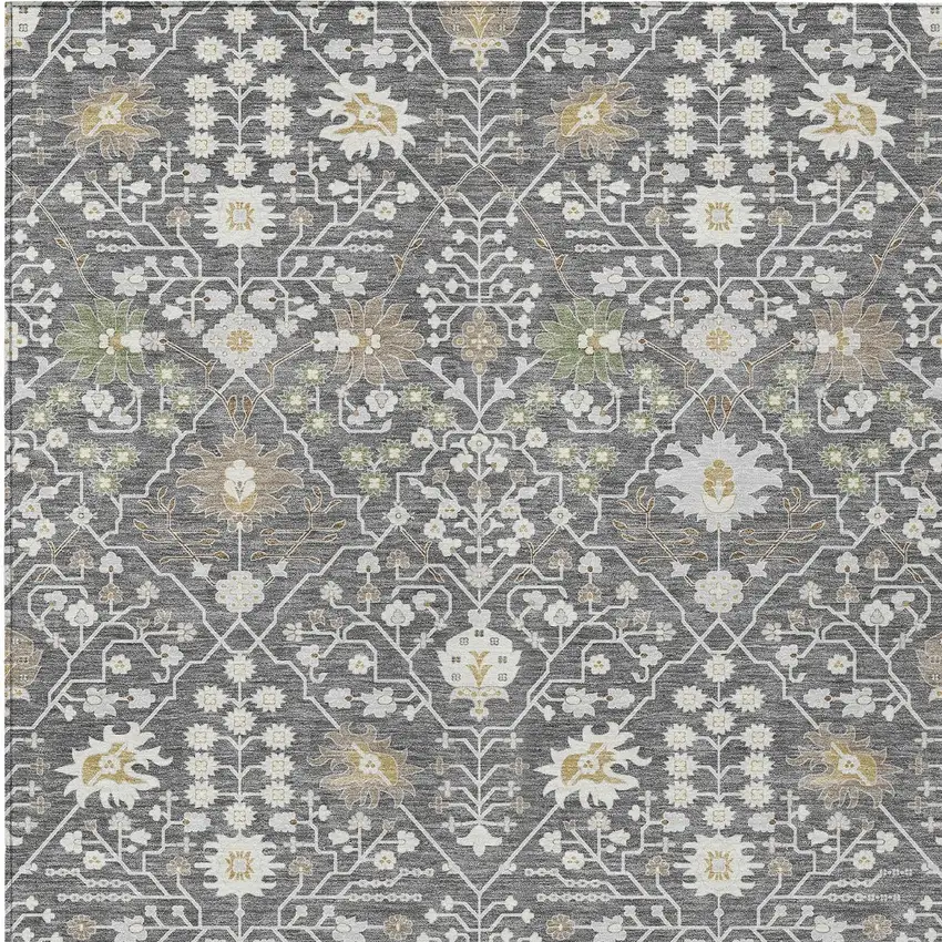 Charcoal Ivory And Green Oriental Washable Indoor Outdoor Area Rug Photo 5