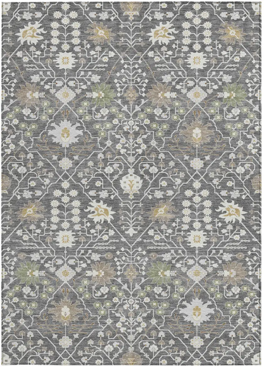 Charcoal Ivory And Green Oriental Washable Indoor Outdoor Area Rug Photo 7