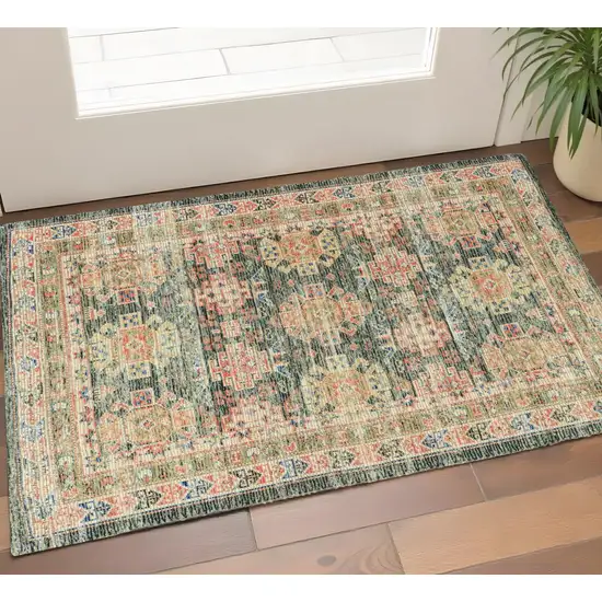 Brick Red Green And Brown Jute Southwestern Hand Woven Distressed Area Rug Photo 1