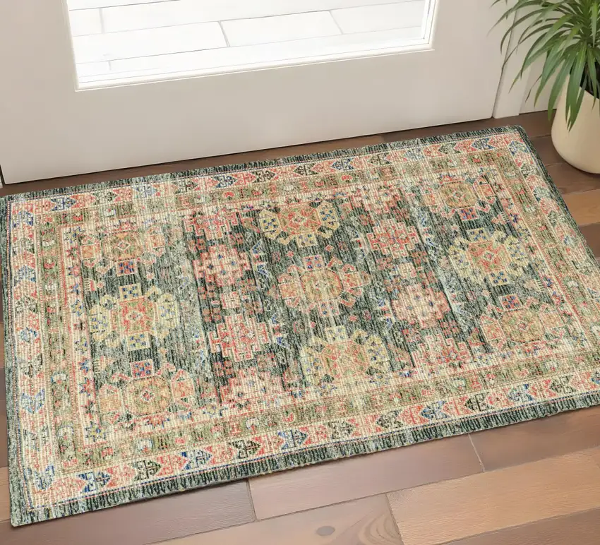 Brick Red Green And Brown Jute Southwestern Hand Woven Distressed Area Rug Photo 1