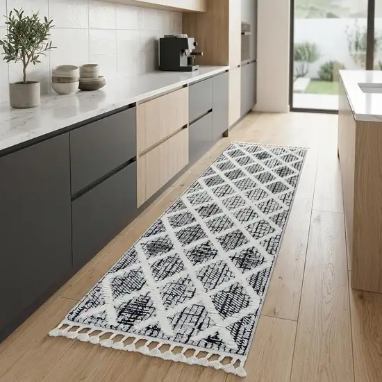 8' Cream And Charcoal Geometric Runner Rug Photo 1