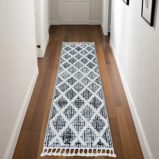 8' Cream And Charcoal Geometric Runner Rug Photo 1