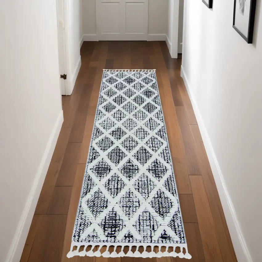 8' Cream And Charcoal Geometric Runner Rug Photo 1