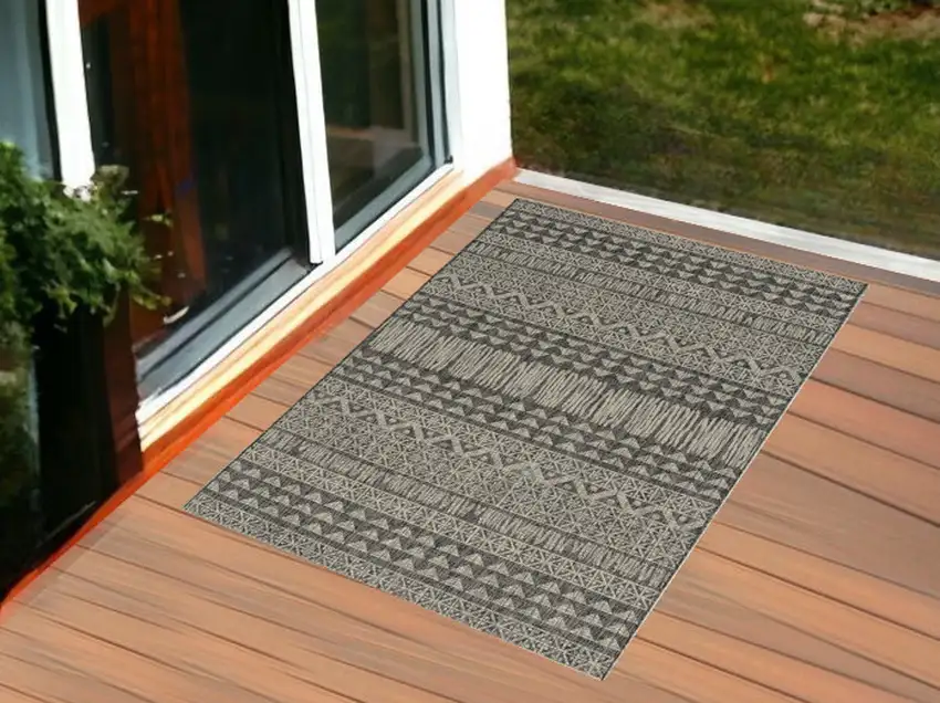 3'X4' Charcoal Machine Woven Uv Treated Tribal Indoor Outdoor Accent Rug Photo 1