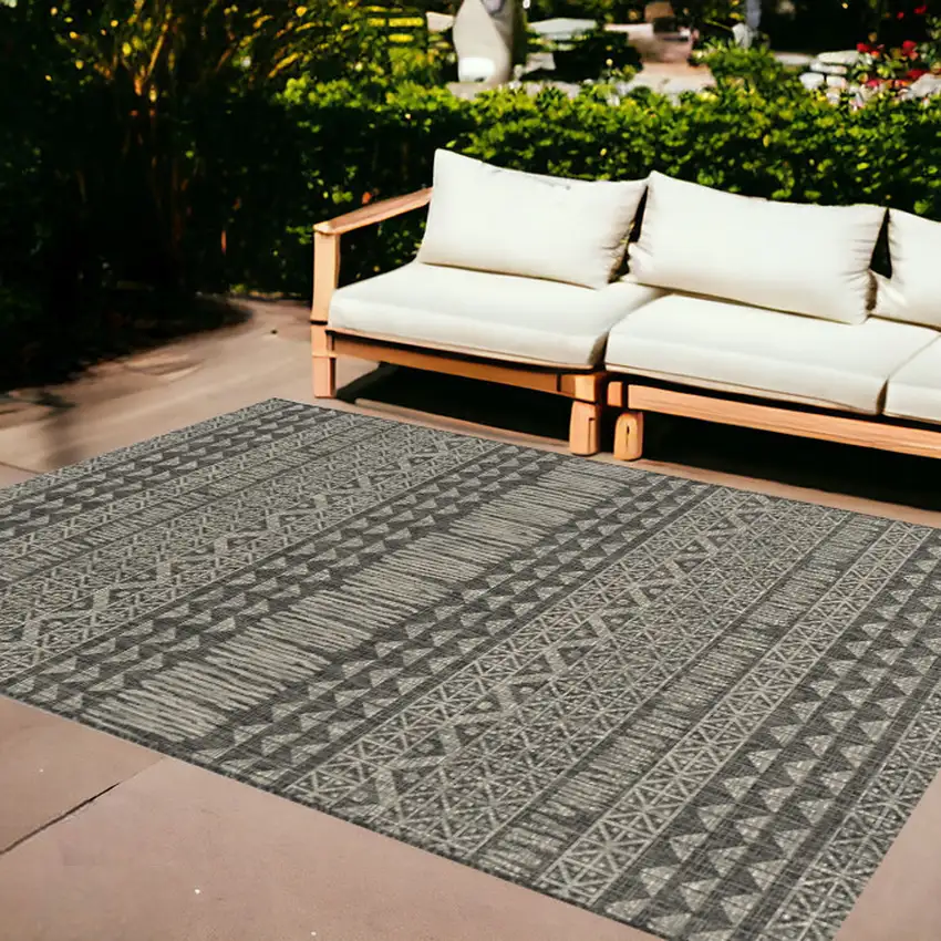 8'X11' Charcoal Machine Woven Uv Treated Tribal Indoor Outdoor Area Rug Photo 1