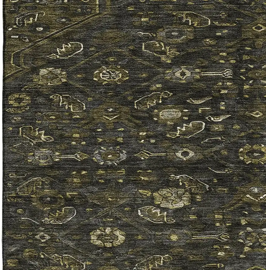 Charcoal Olive Green And Silver Floral Washable Area Rug With UV Protection Photo 4