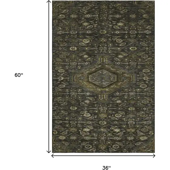 Charcoal Olive Green And Silver Floral Washable Area Rug With UV Protection Photo 3