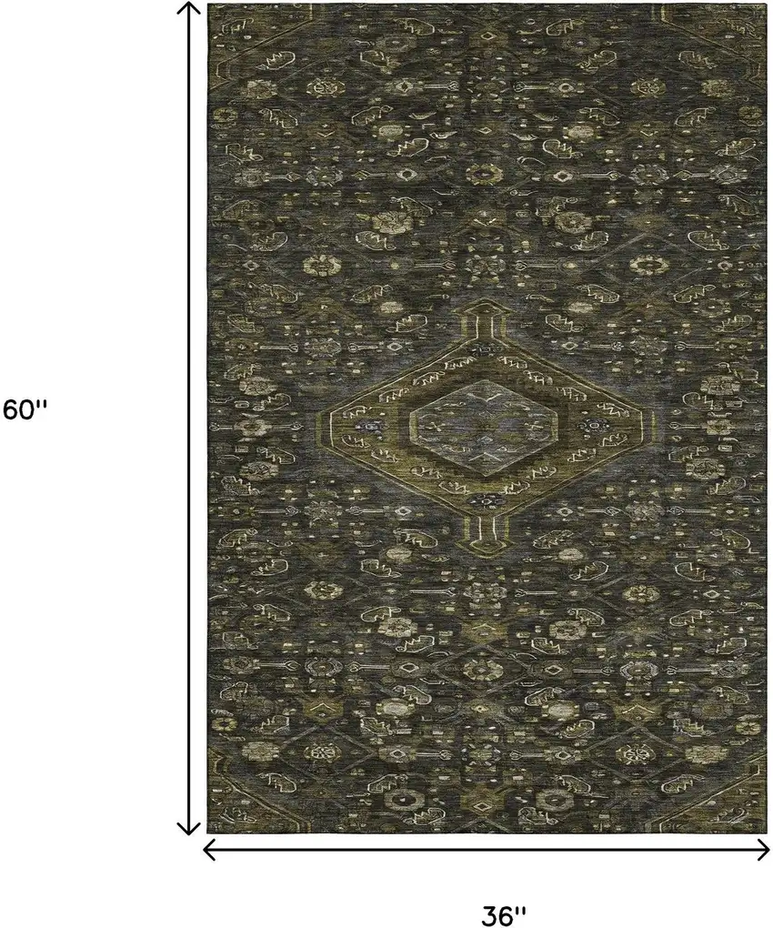 Charcoal Olive Green And Silver Floral Washable Area Rug With UV Protection Photo 3