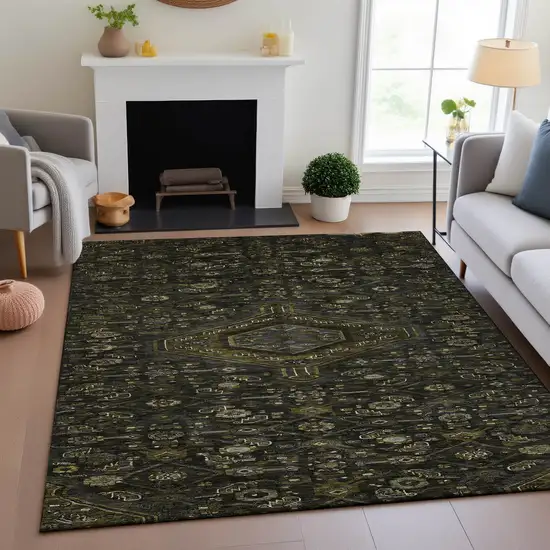Charcoal Olive Green And Silver Floral Washable Area Rug With UV Protection Photo 5