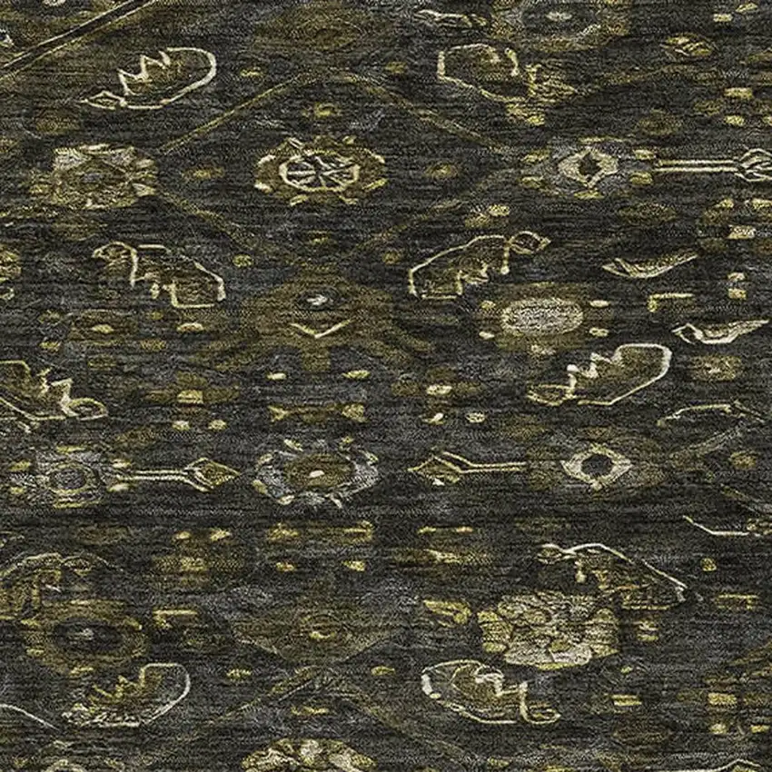 Charcoal Olive Green And Silver Floral Washable Area Rug With UV Protection Photo 3