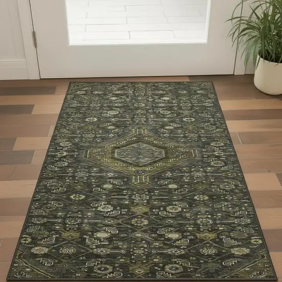 Charcoal Olive Green And Silver Floral Washable Area Rug With UV Protection Photo 2