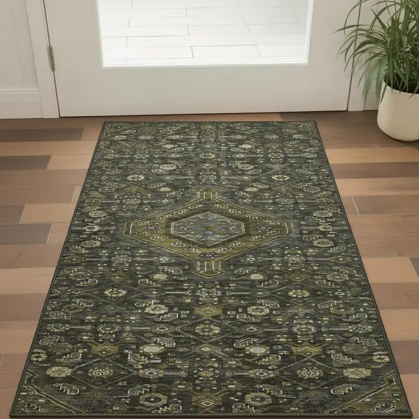 Charcoal Olive Green And Silver Floral Washable Area Rug With UV Protection Photo 2