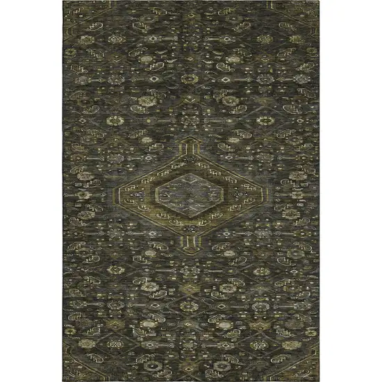 Charcoal Olive Green And Silver Floral Washable Area Rug With UV Protection Photo 1