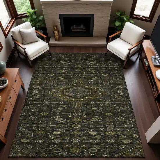 Charcoal Olive Green And Silver Floral Washable Area Rug With UV Protection Photo 5
