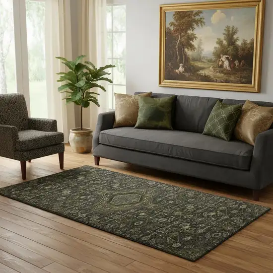 Charcoal Olive Green And Silver Floral Washable Area Rug With UV Protection Photo 2