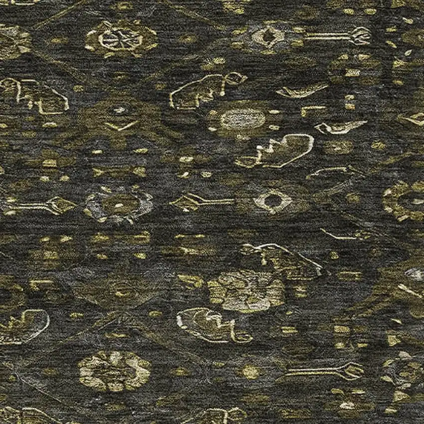 Charcoal Olive Green And Silver Floral Washable Area Rug With UV Protection Photo 2