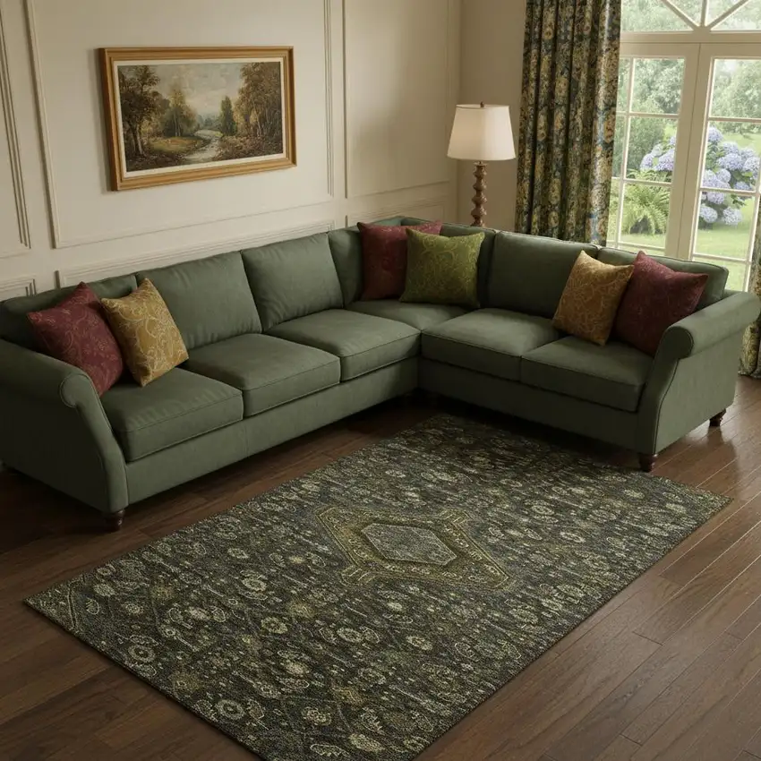 Charcoal Olive Green And Silver Floral Washable Area Rug With UV Protection Photo 2