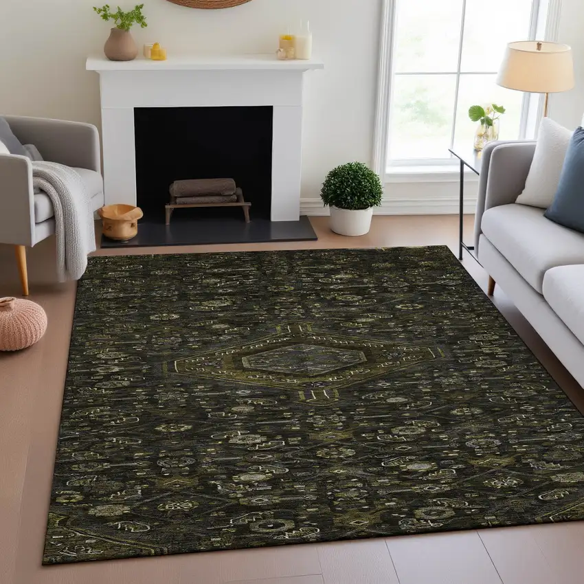Charcoal Olive Green And Silver Floral Washable Area Rug With UV Protection Photo 4