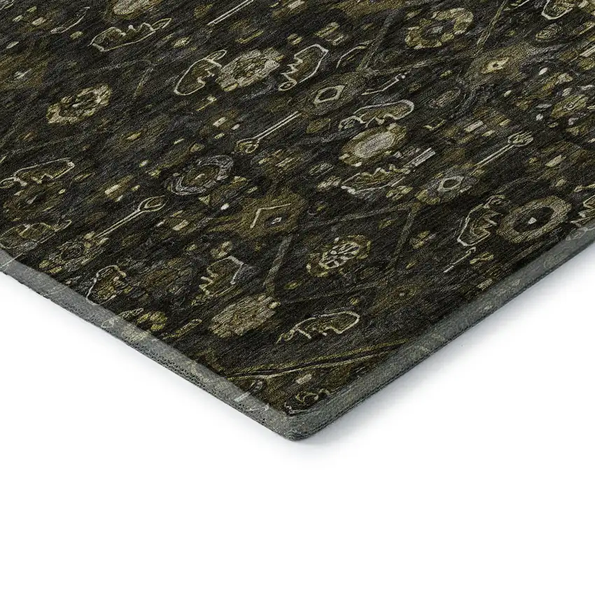 Charcoal Olive Green And Silver Floral Washable Area Rug With UV Protection Photo 8