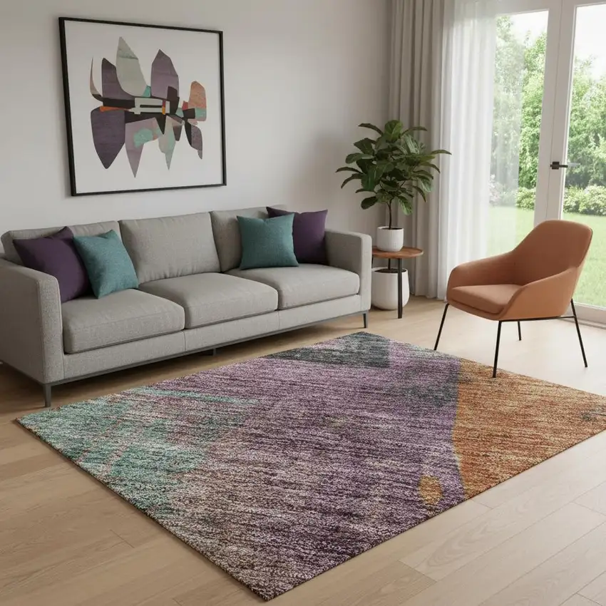 Charcoal Orange And Purple Abstract Washable Area Rug With UV Protection Photo 2