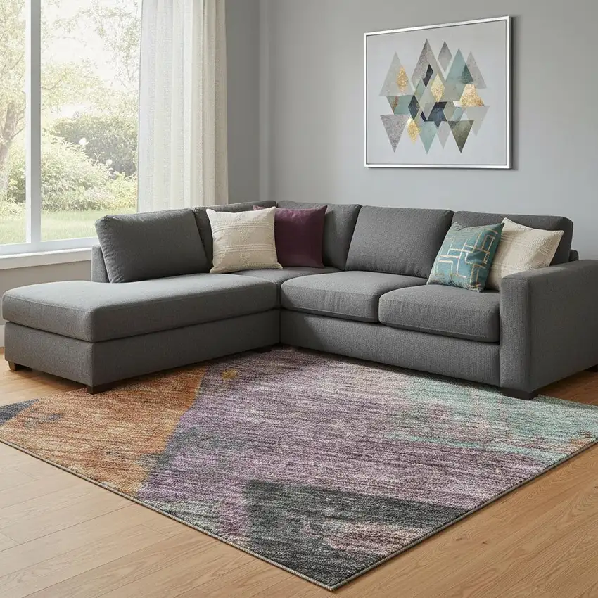 Charcoal Orange And Purple Abstract Washable Area Rug With UV Protection Photo 2