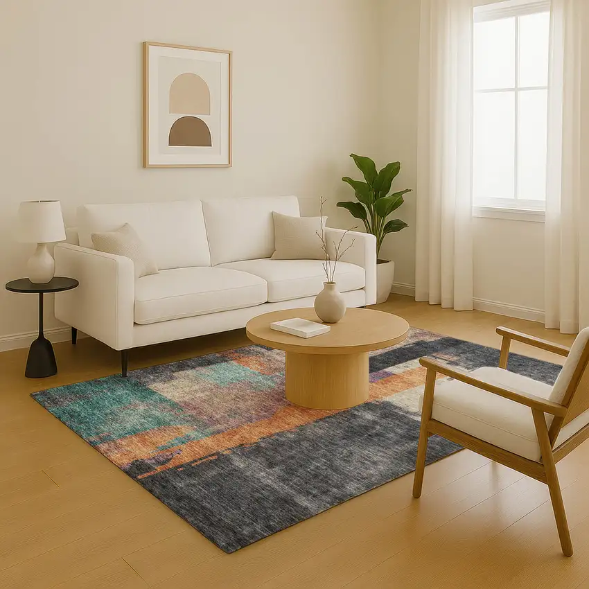 Charcoal Orange And Purple Abstract Washable Area Rug With UV Protection Photo 4