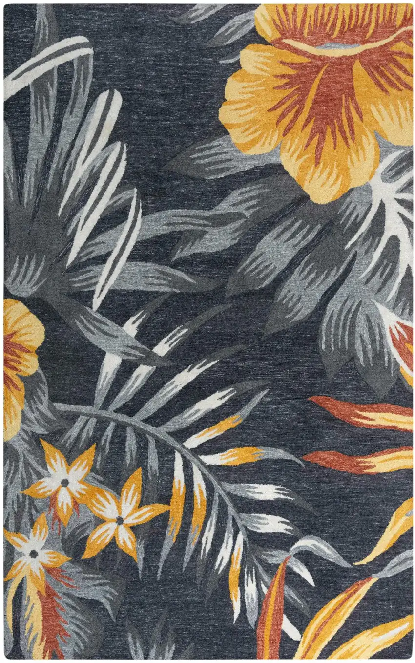 Charcoal Orange Red And Gray Floral Hand Tufted Area Rug Photo 1