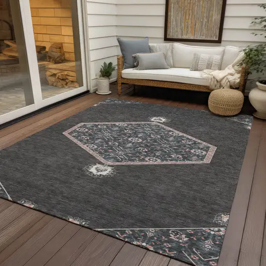 Charcoal Pink And Blue Oriental Washable Indoor Outdoor Area Rug Photo 8