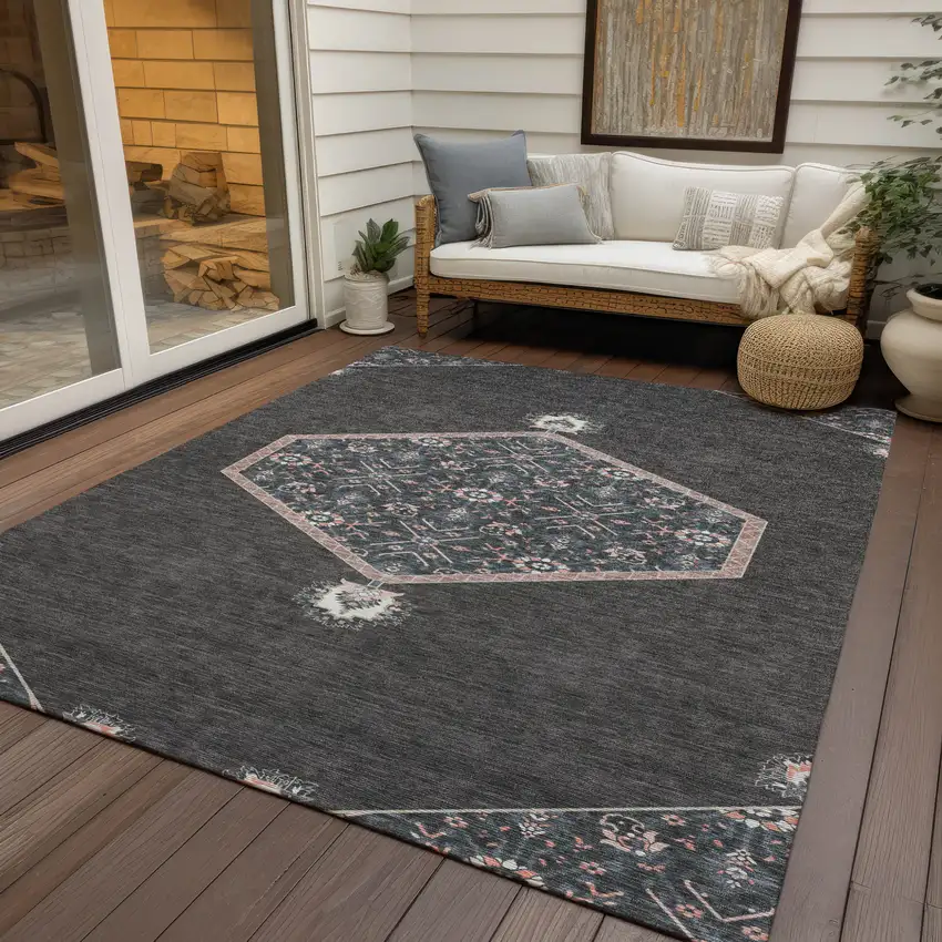 Charcoal Pink And Blue Oriental Washable Indoor Outdoor Area Rug Photo 8
