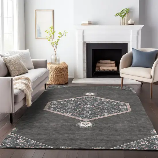 Charcoal Pink And Blue Oriental Washable Indoor Outdoor Area Rug Photo 9