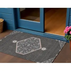 Photo of Charcoal Pink And Blue Oriental Washable Indoor Outdoor Area Rug