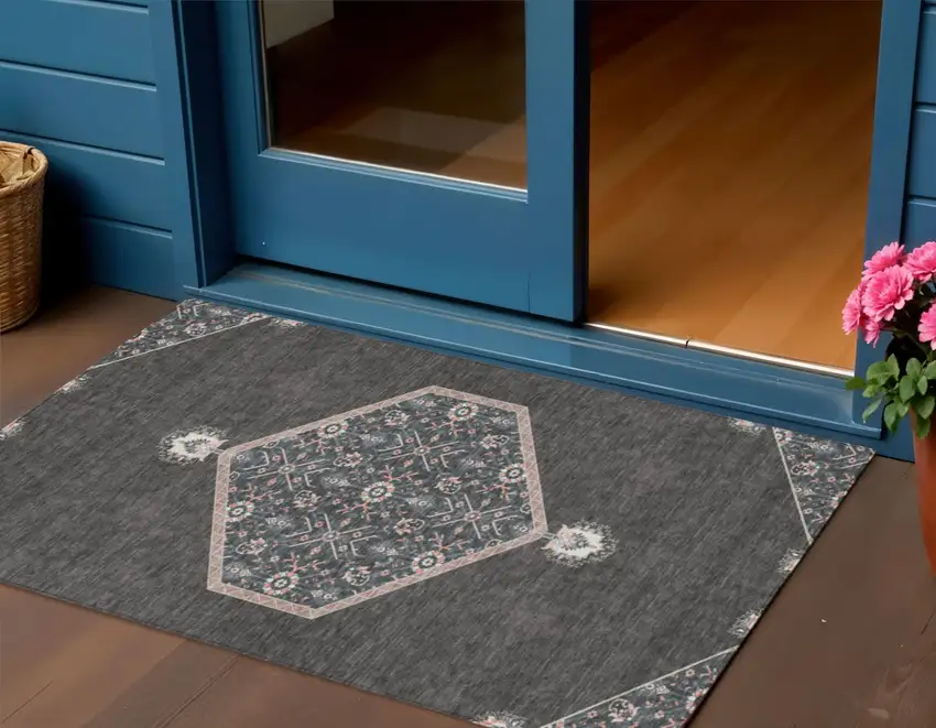 Charcoal Pink And Blue Oriental Washable Indoor Outdoor Area Rug Photo 1