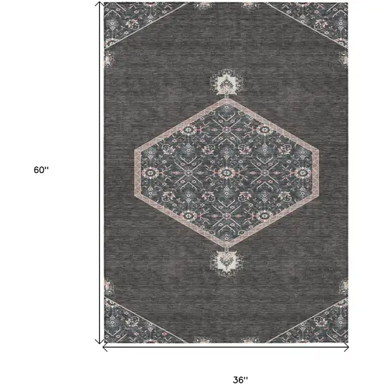 Charcoal Pink And Blue Oriental Washable Indoor Outdoor Area Rug Photo 3