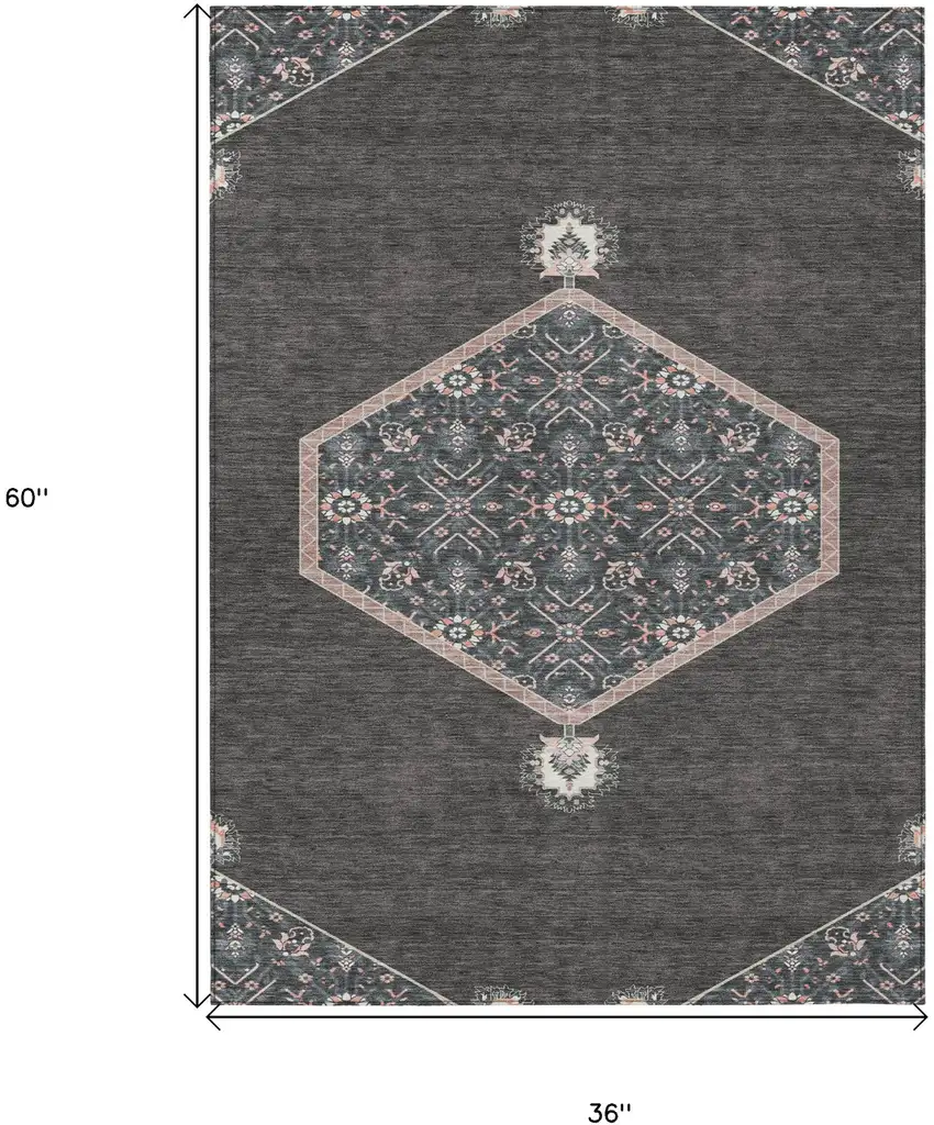 Charcoal Pink And Blue Oriental Washable Indoor Outdoor Area Rug Photo 3