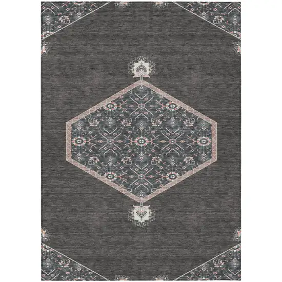 Charcoal Pink And Blue Oriental Washable Indoor Outdoor Area Rug Photo 2