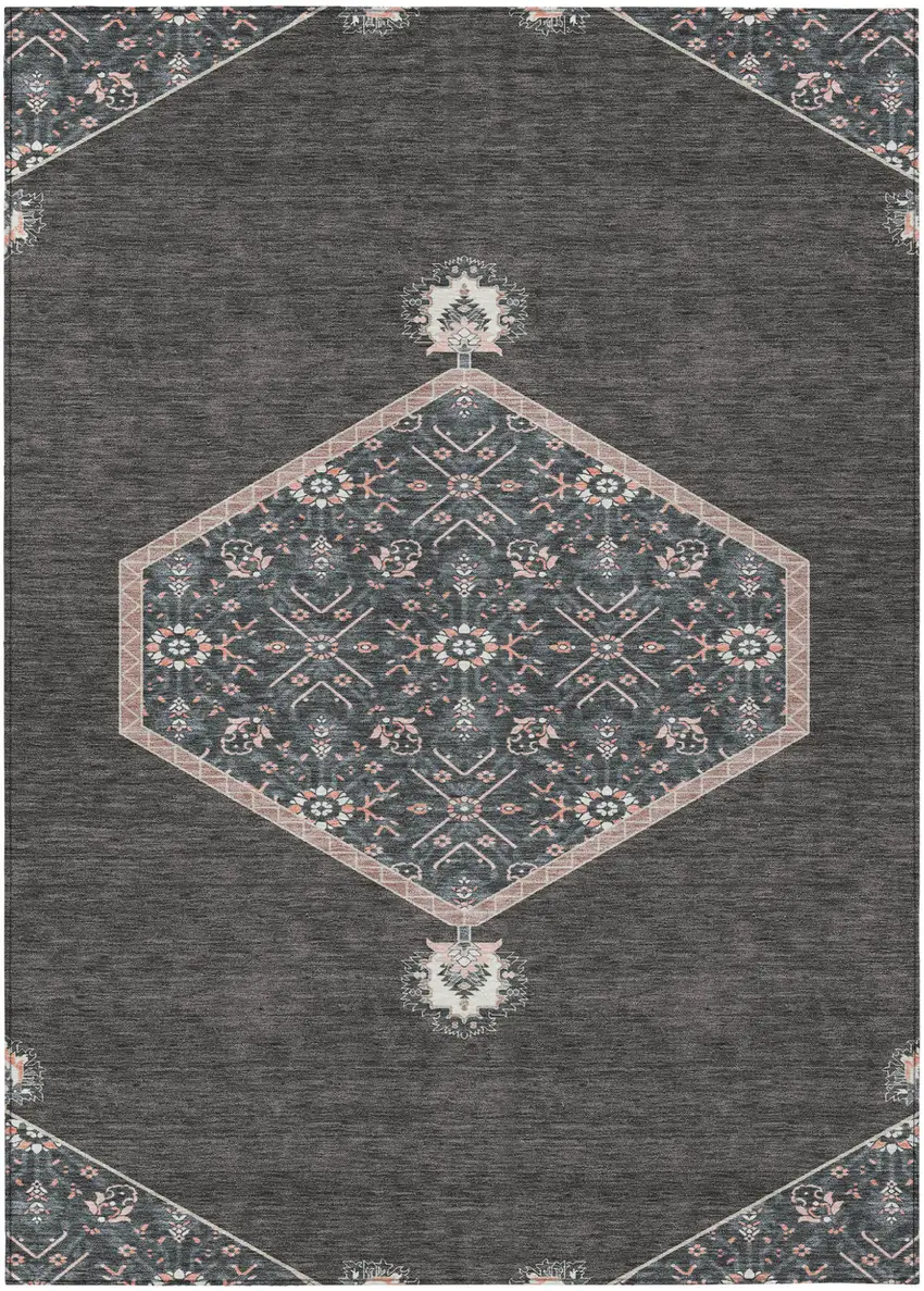 Charcoal Pink And Blue Oriental Washable Indoor Outdoor Area Rug Photo 2
