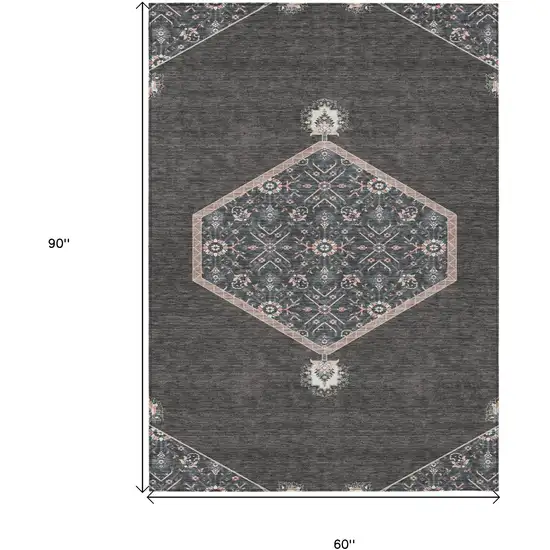 Charcoal Pink And Blue Oriental Washable Indoor Outdoor Area Rug Photo 3